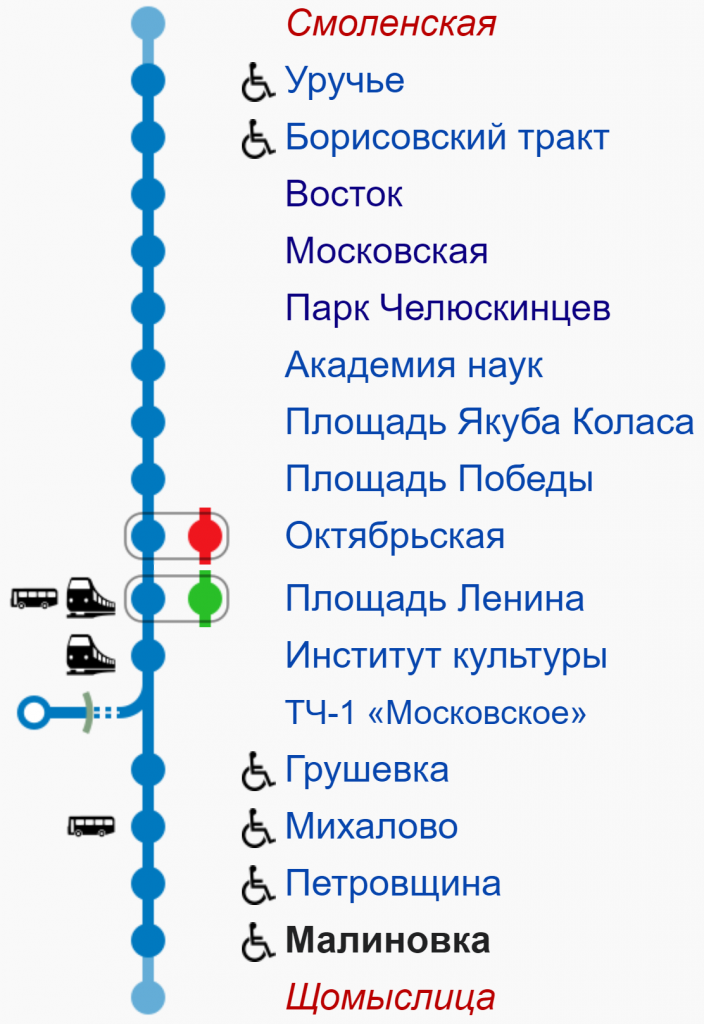 Схема Московской линии Минского Метрополитена (Минск, Беларусь)
